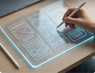 Mano dibujando el boceto de una interfaz web sobre una tableta transparente